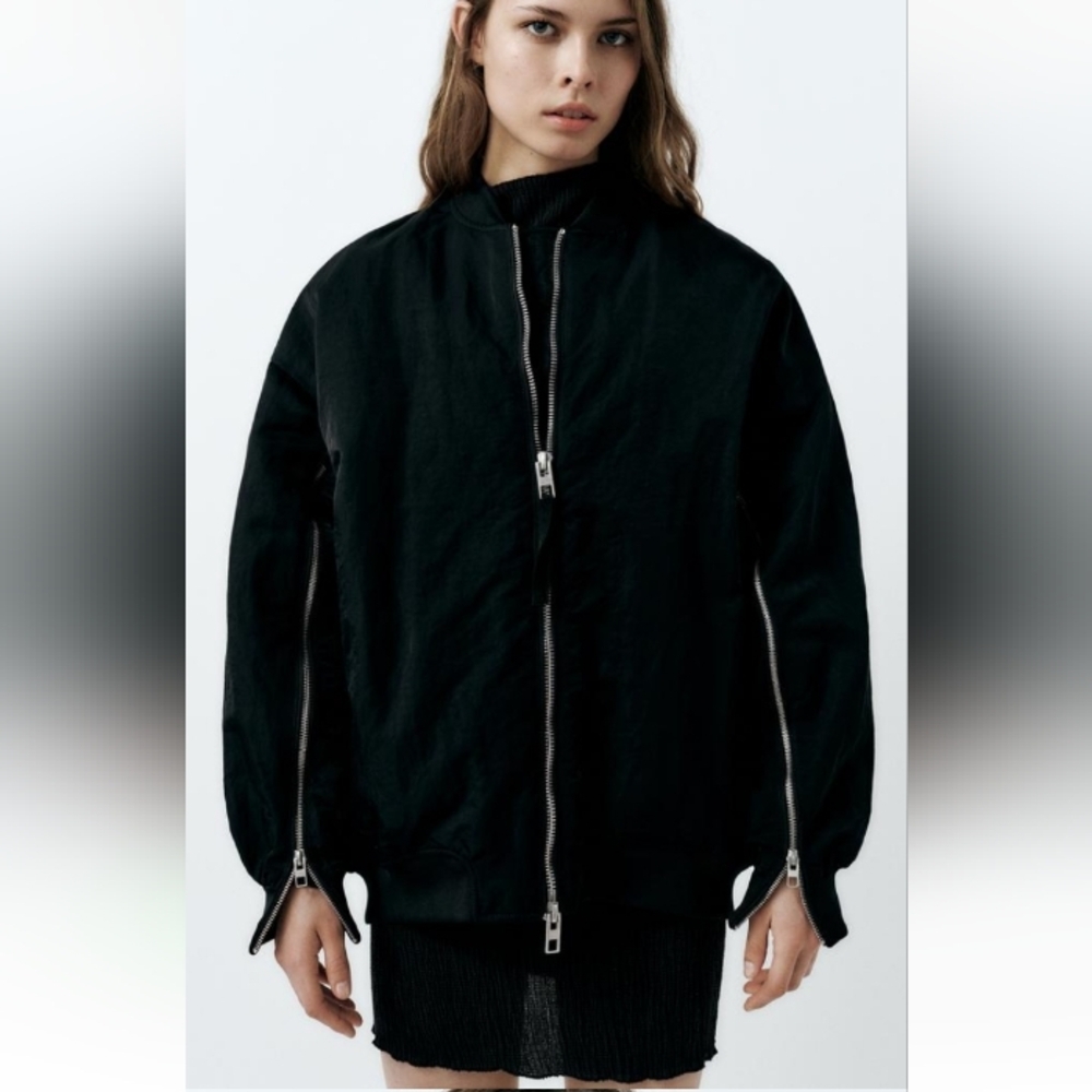 Zara Oversized Water Repellent Nylon Bomber Jacket Sz-L